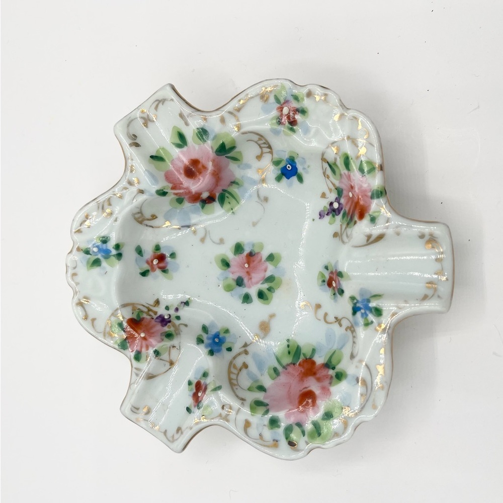 VTG Nippon‎ HandPainted Ashtray Gold Floral 8" Porcelain Dish Japan 5.25”